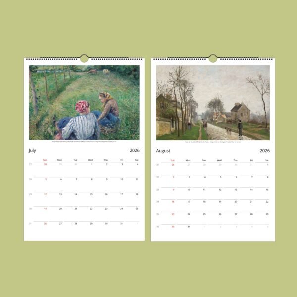 2026 calendar with landscape paintings for July, August.