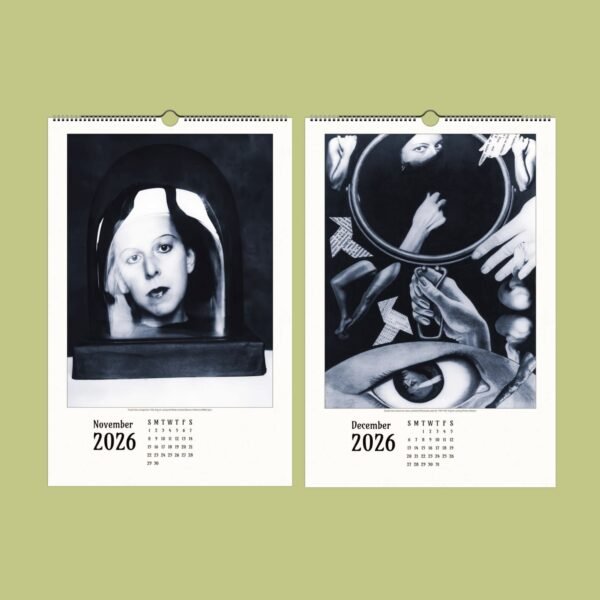 Surreal 2026 calendar with artistic monochrome imagery.