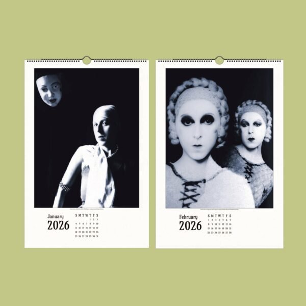 Artistic 2026 calendar with surreal black-and-white portraits.