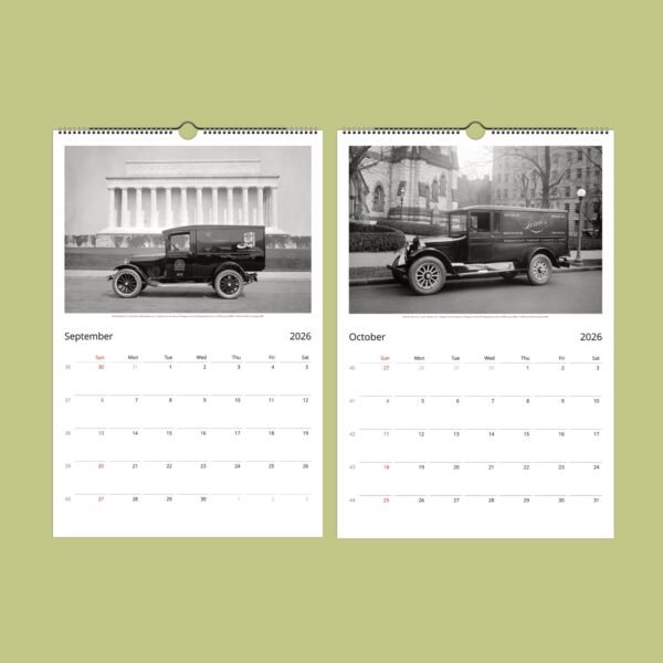 Vintage car calendar for September and October 2026.