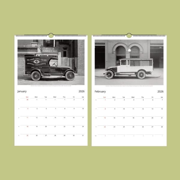 Vintage car-themed calendar for 2026 January and February.