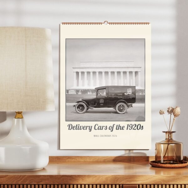 1920s delivery cars calendar on bookshelf