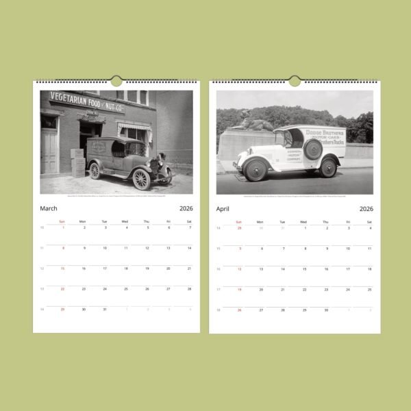 Vintage cars calendar page for March and April 2026.