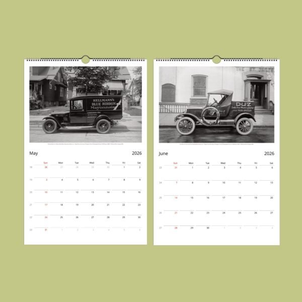 Vintage car calendar for May and June 2026.
