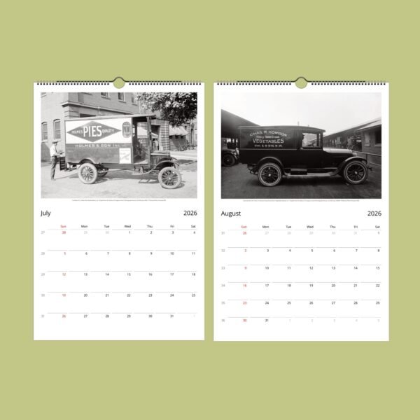 Vintage delivery trucks calendar for July and August 2026
