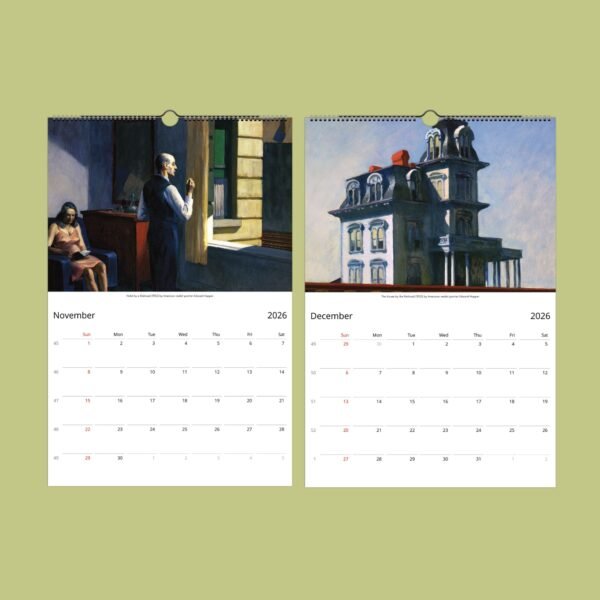 2026 calendar with paintings for November and December
