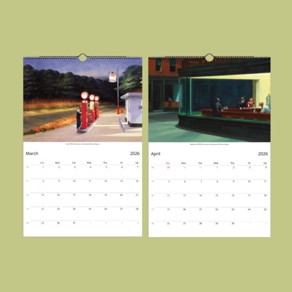 2026 calendar with two Edward Hopper paintings.