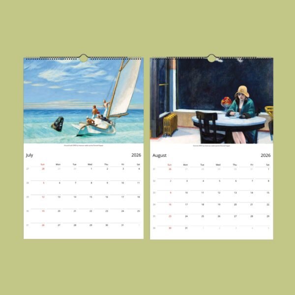 2026 calendar with July and August paintings.