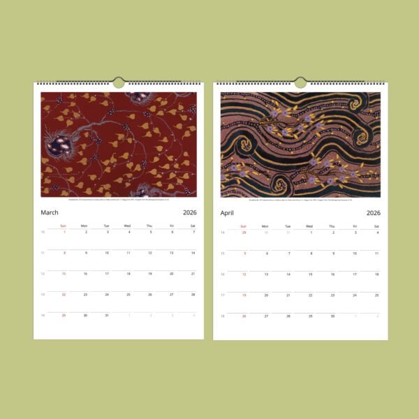 March and April 2026 calendar with abstract patterns.
