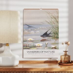 Nature-themed calendar with birds and lily pads.
