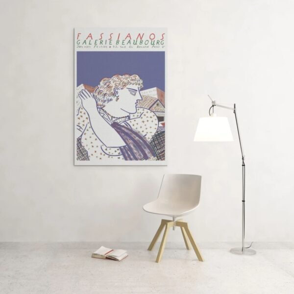 Modern art poster in minimalist room with chair.