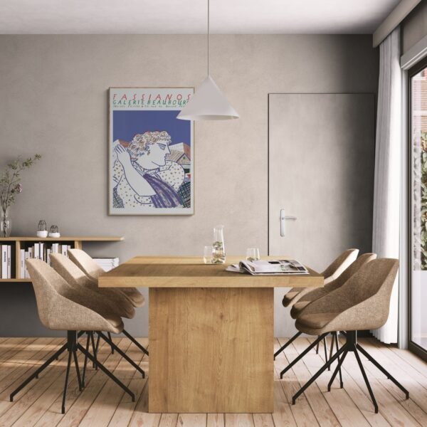 Modern dining room with artwork on wall.