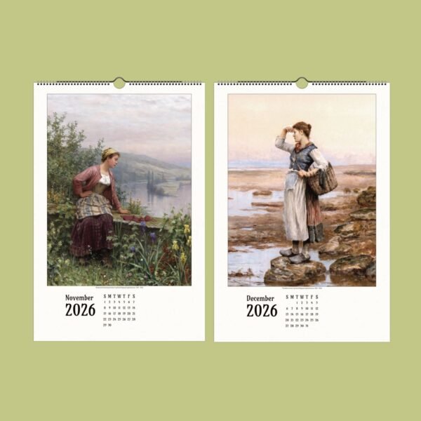 2026 calendar with rustic paintings for November, December