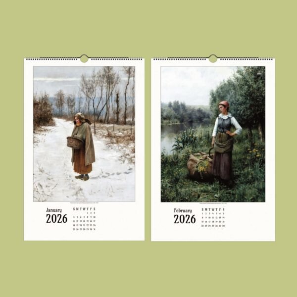 2026 calendar with winter and spring scenes