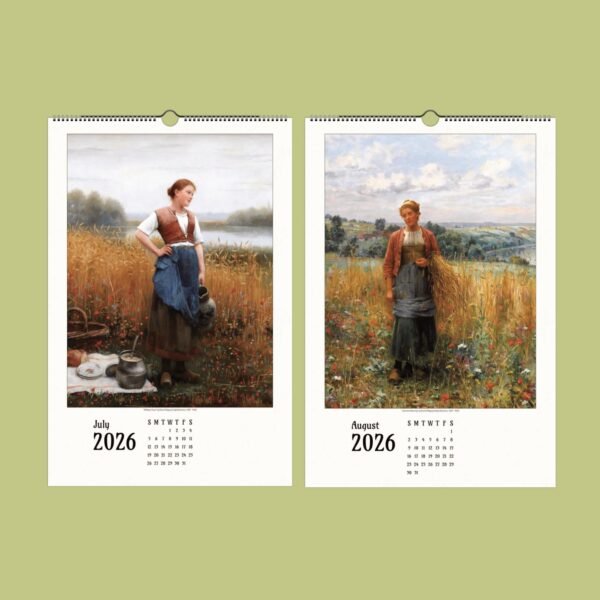 2026 calendar with rural farm paintings for July, August.
