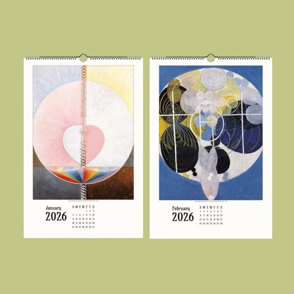 2026 calendar with abstract art for January, February.