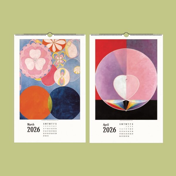 Artistic calendar pages for March and April 2026