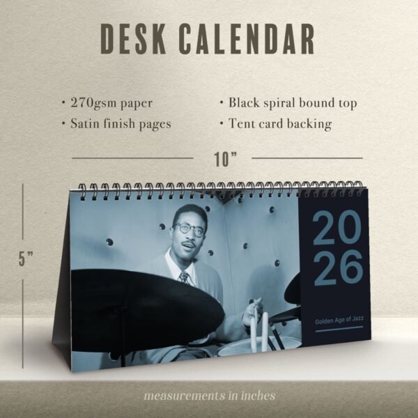 2026 jazz desk calendar with drummer image.