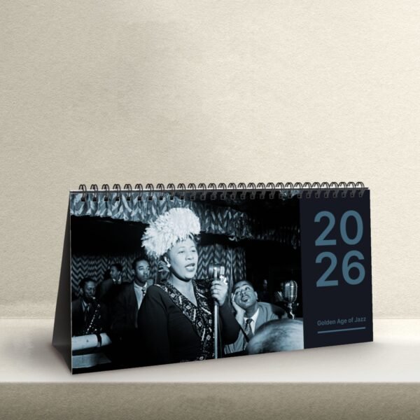2026 jazz-themed spiral calendar with vintage performers.