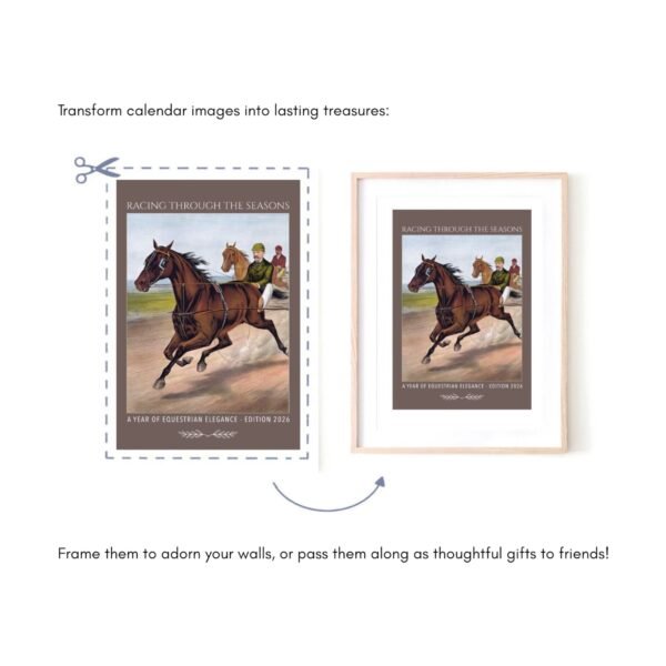 Horse racing calendar image framed as wall art.