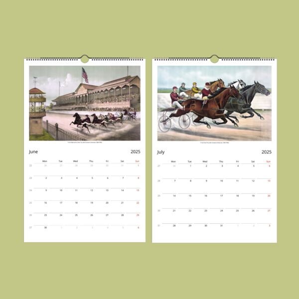 2025 calendar pages with horse racing illustrations.