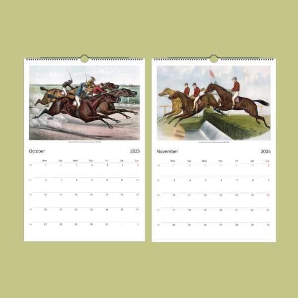 2025 calendar pages with horse racing illustrations.