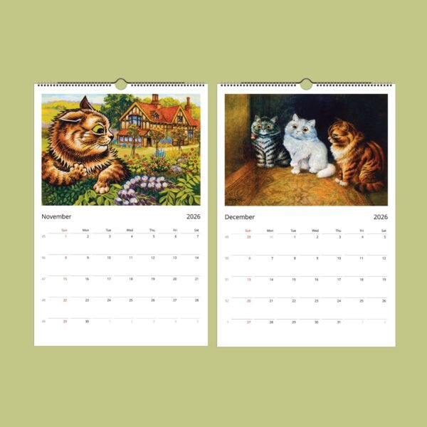 2026 calendar with cat illustrations, November and December.