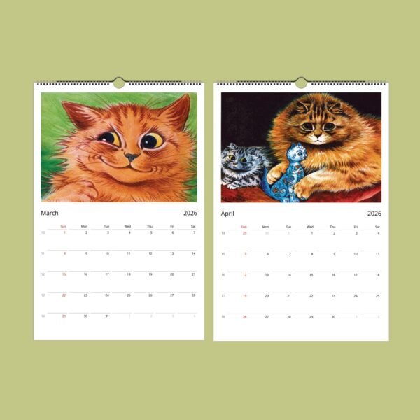 2026 calendar featuring cat illustrations for March, April.