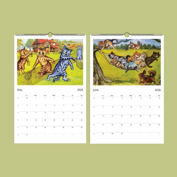 2026 calendar with illustrated cats playing, lounging.