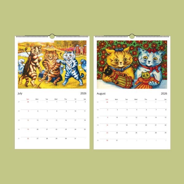 2026 calendar pages with illustrated cats for July, August.