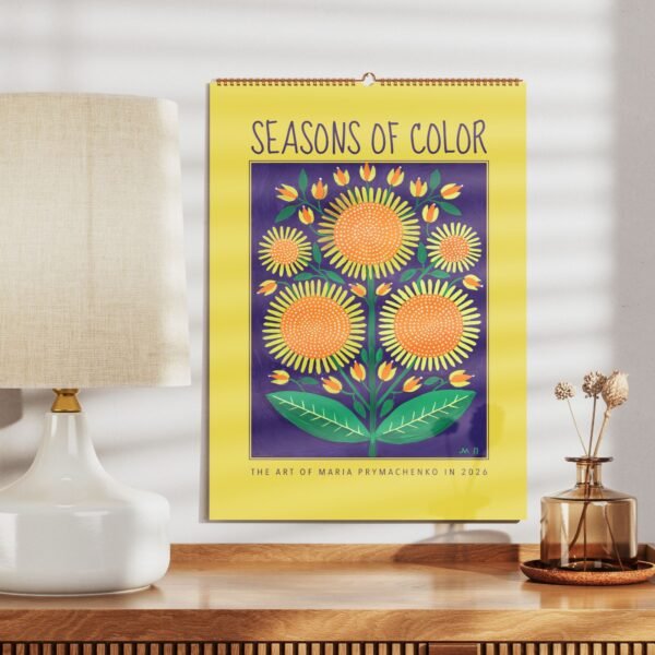 Colorful flower artwork calendar on wall.