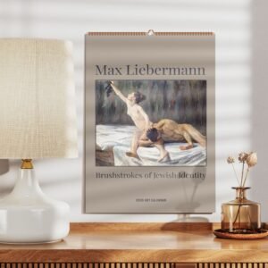 Max Liebermann calendar displayed with lamp and vase.