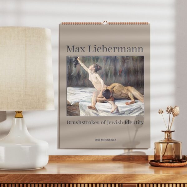 Max Liebermann calendar displayed with lamp and vase.