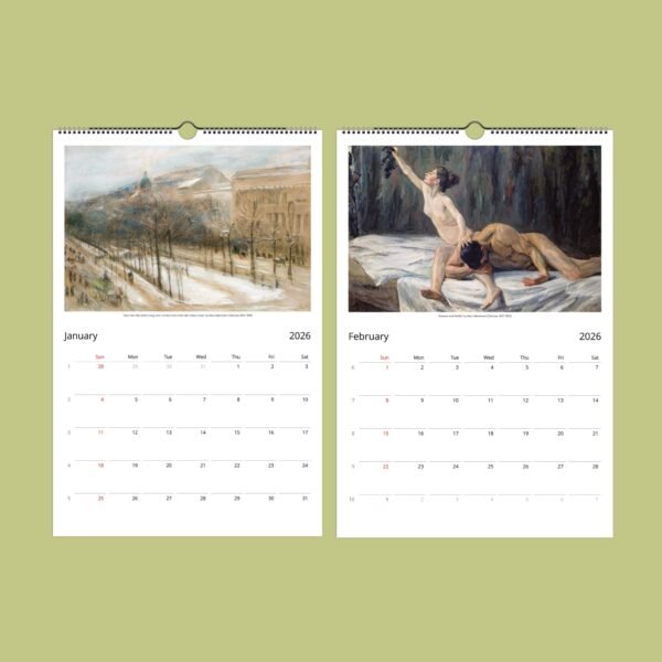 2026 calendar with art prints for January, February.