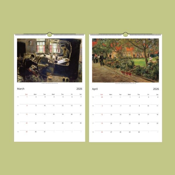 2026 calendar pages for March and April with paintings