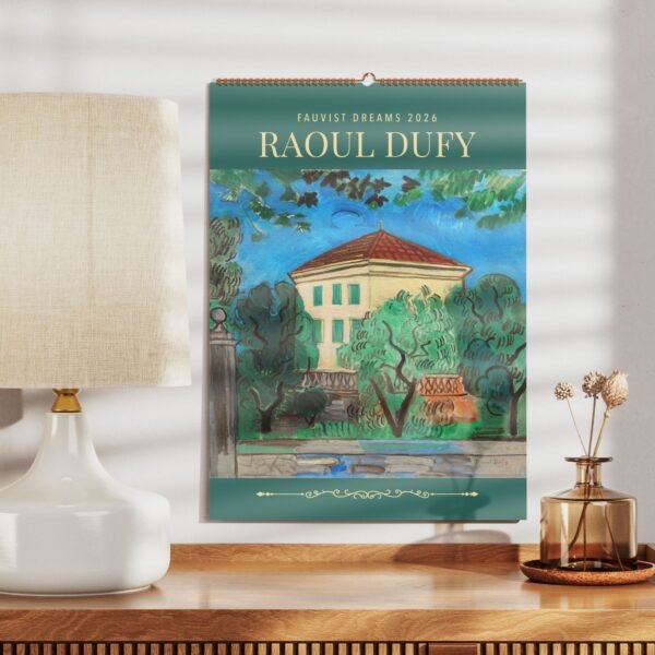 Raoul Dufy calendar 2026 on wall near lamp.