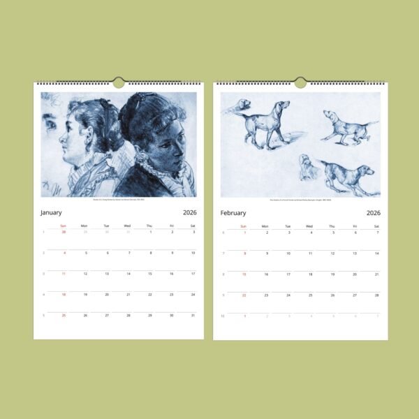 2026 calendar with blue sketches, January and February.