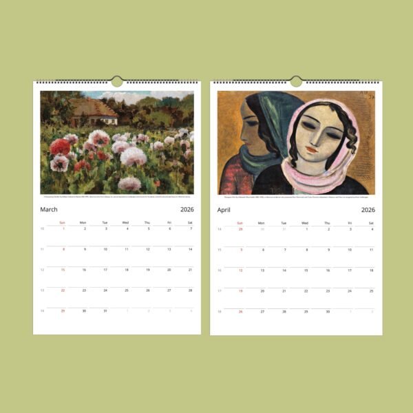 March and April 2026 calendar with paintings.