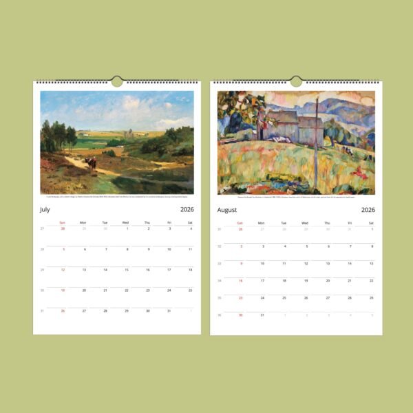 2026 calendar pages for July and August with paintings.