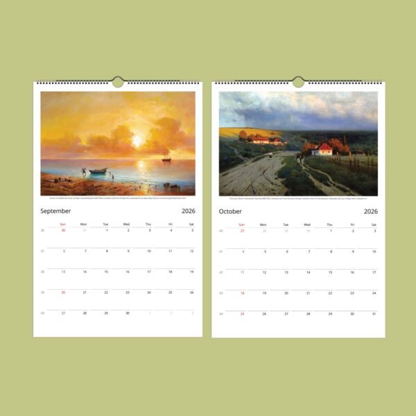 2026 calendar with scenic paintings for September, October.