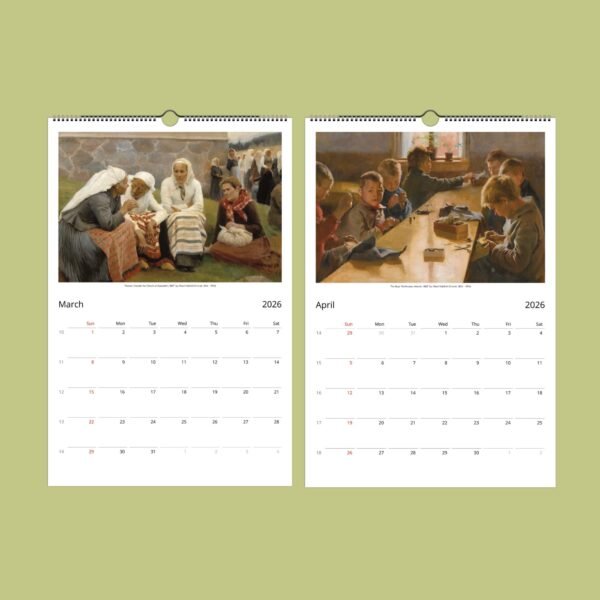 2026 March April calendar with paintings