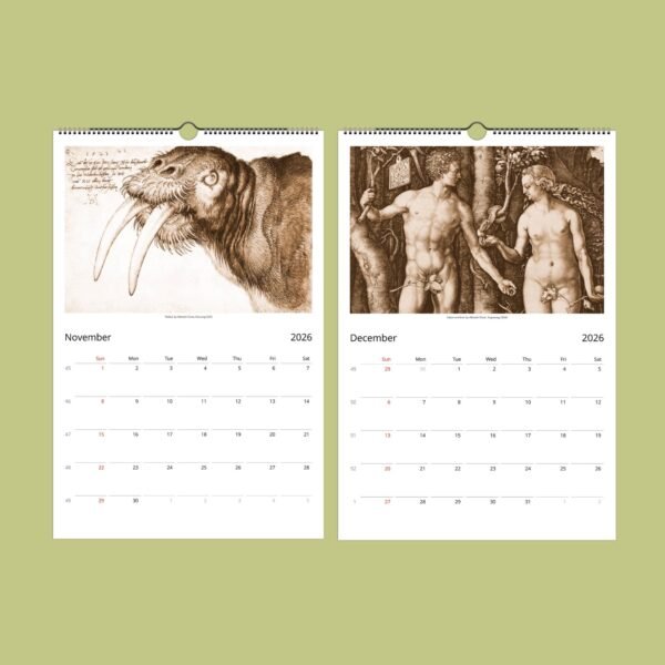 2026 calendar pages with historical art illustrations.