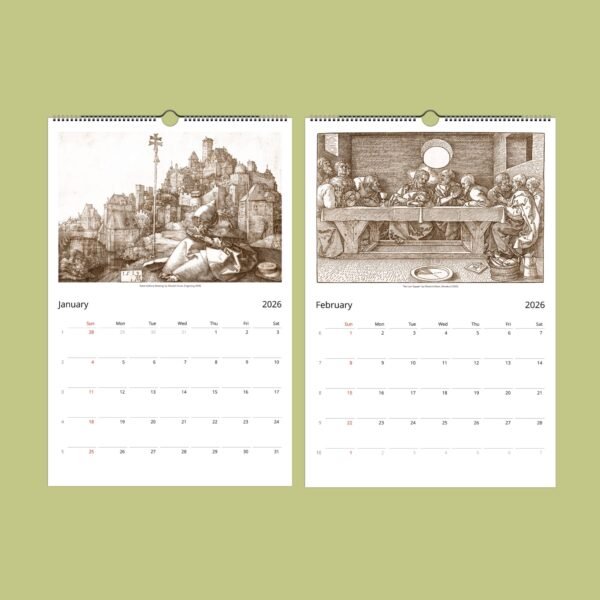 2026 calendar with historical artwork for January, February.