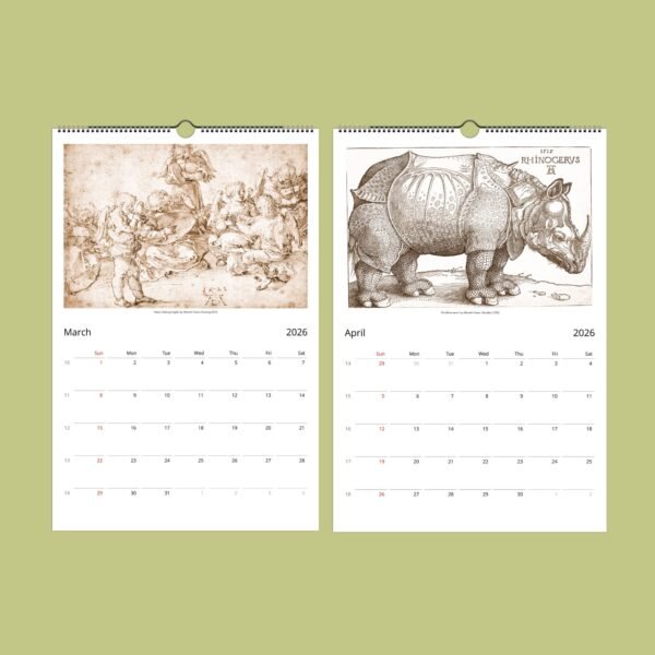 2026 calendar depicting March and April illustrations.