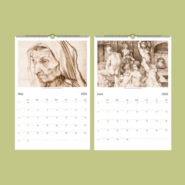 2026 calendar featuring classical art sketches.