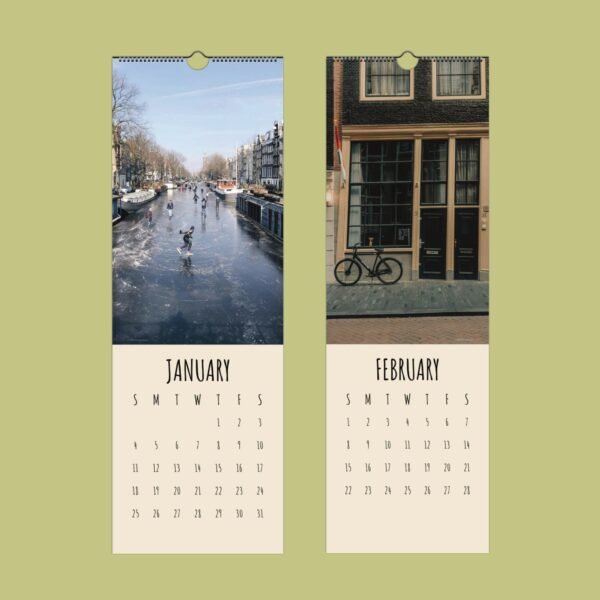 Two-month calendar with city scenes, January to February