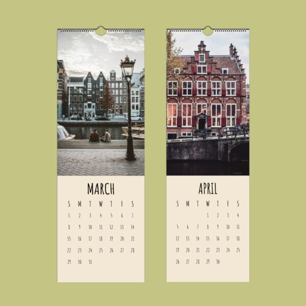 Calendar pages for March and April with canal views.
