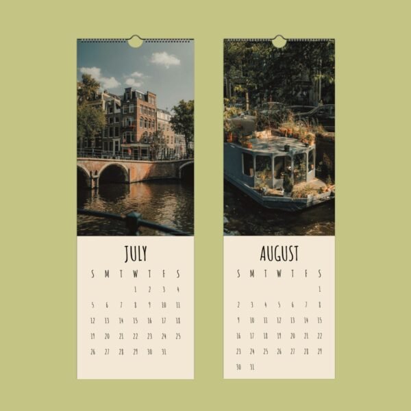 July August calendar with canal scenery