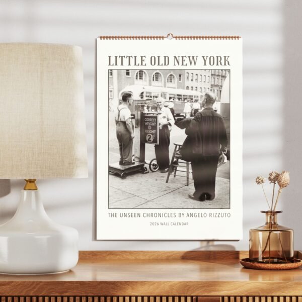 Old New York calendar on a wooden table.