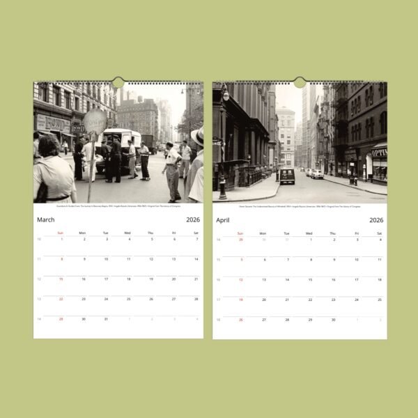 Vintage New York street scenes calendar, March-April 2026.